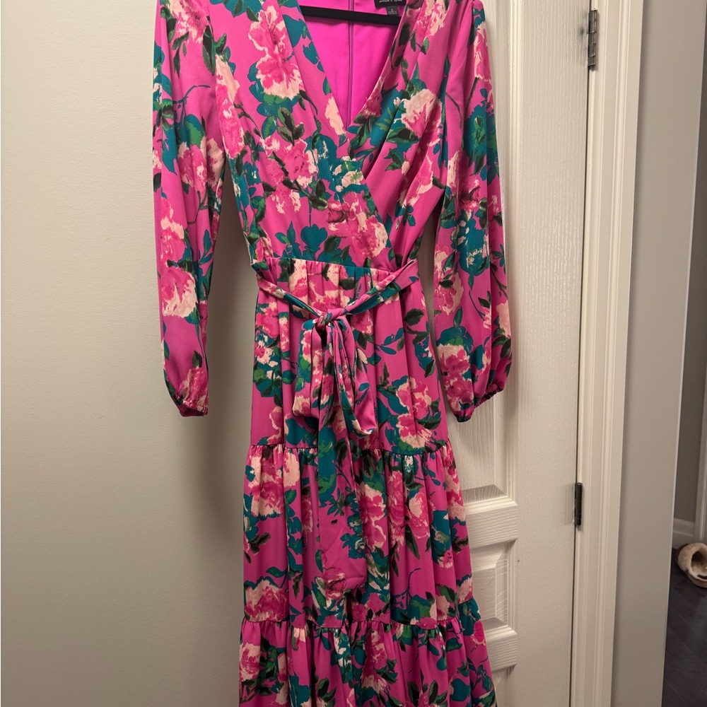 Tahari Pink and Green Floral Long Sleeve Dress
